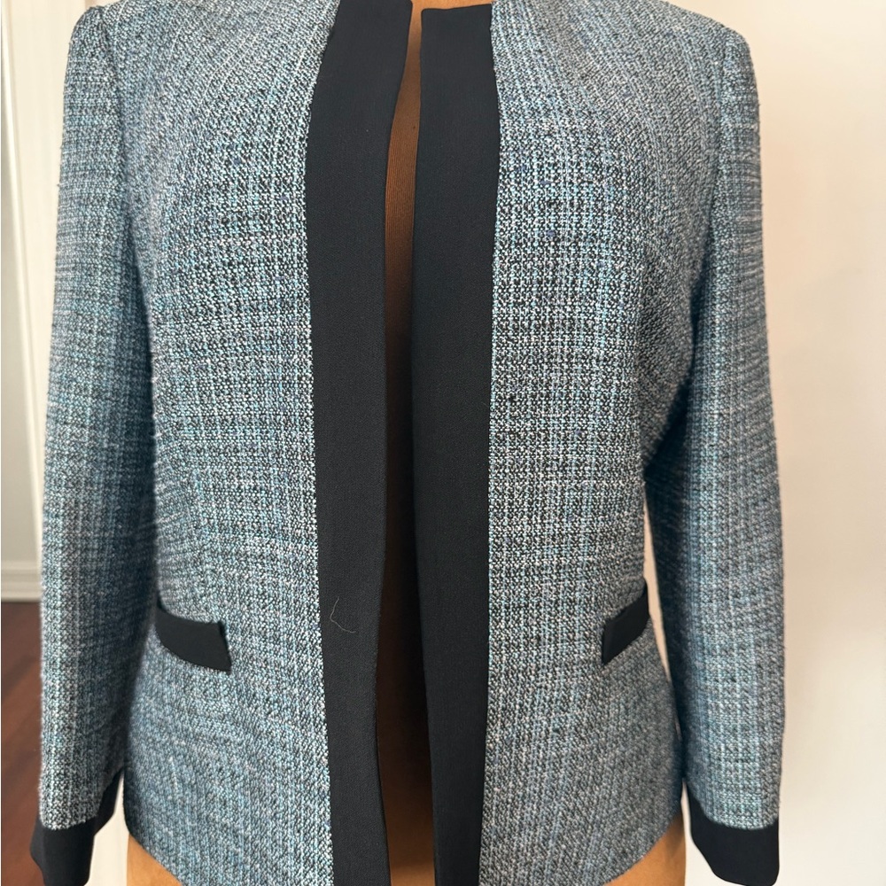 Kasper Open Front Collarless Navy & Light Blue Tweed Jacket Blazer, 12 L XL